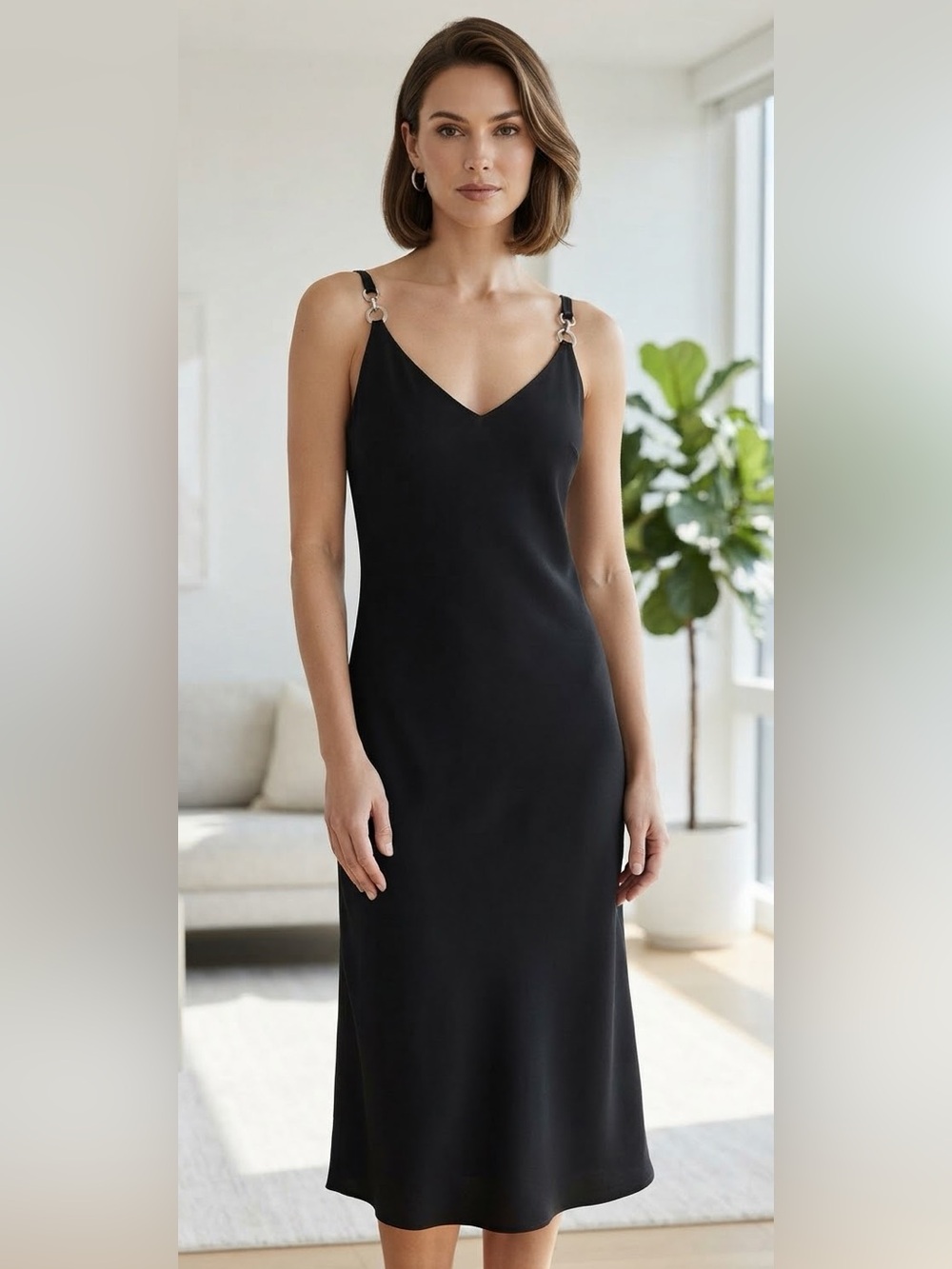 Elegant Black Midi Slip Dress with Thin Straps